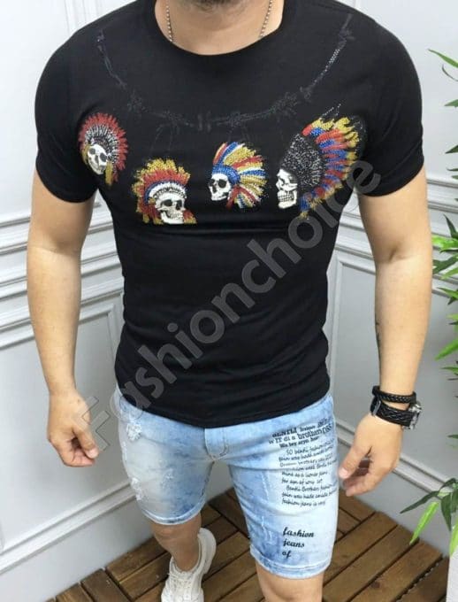T-shirt με τύπωμα και στρας σε μαύρο κωδ 516