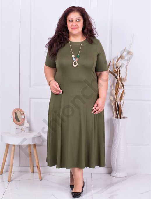 Plus size μονόχρωμο φόρεμα-χακί με δώρο κολιέ-κωδ 226085-2