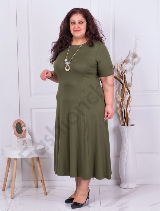 Plus size μονόχρωμο φόρεμα-χακί με δώρο κολιέ-κωδ 226085-2