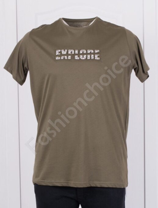 Plus Size ανδρικό T-shirt με επιγραφή-χακί-κωδ 140-1