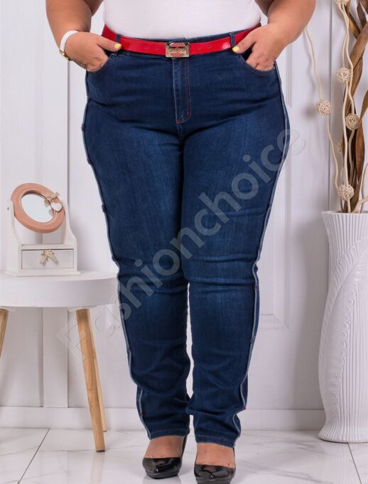 Plus size μπλε τζιν παντελόνι με κόκκινη ζώνη-κωδ 3019