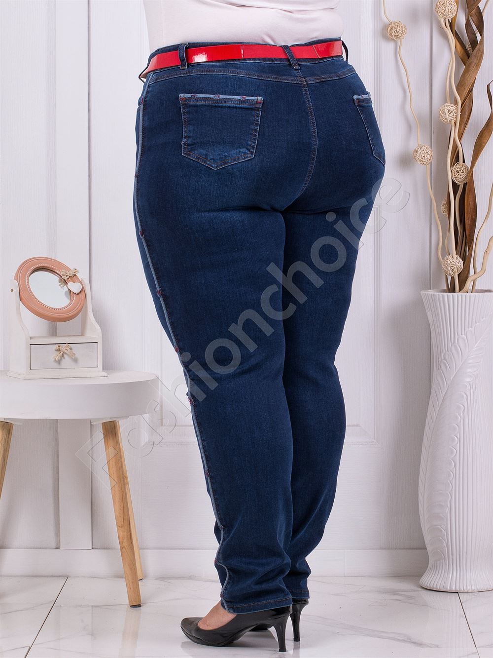 Plus size μπλε τζιν παντελόνι με κόκκινη ζώνη-κωδ 3019 - Image 3