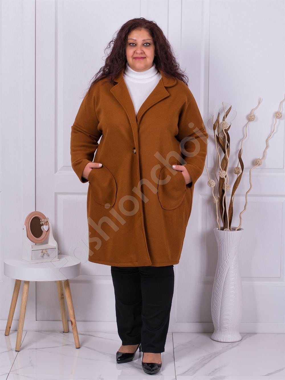 Plus size κασμιρ παλτό σε ταμπά χρώμα-κωδ 445-1