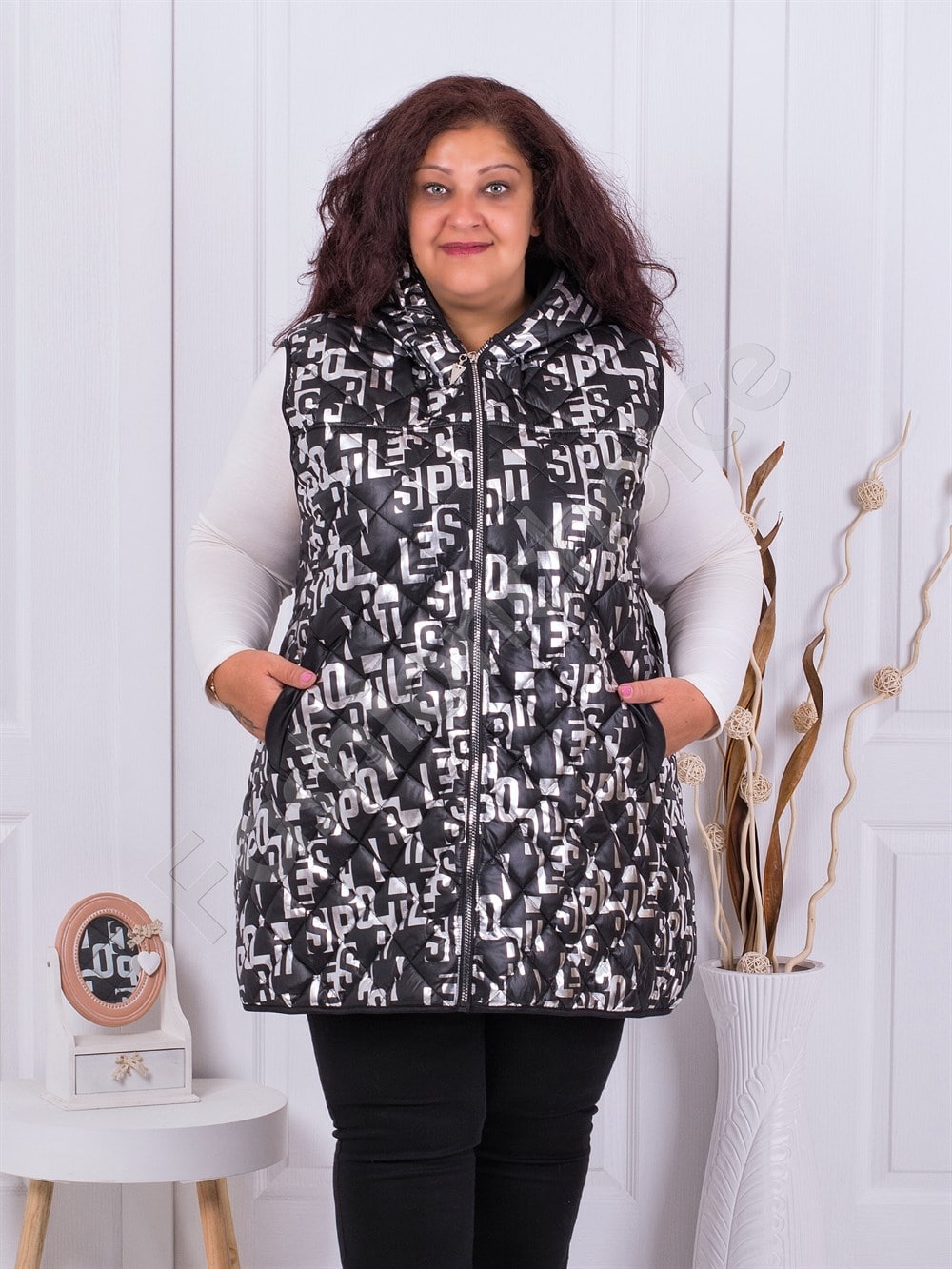 Plus size μακρύ αμάνικο μπουφάν με σχέδια σε ασήμι-κωδ 1269-1