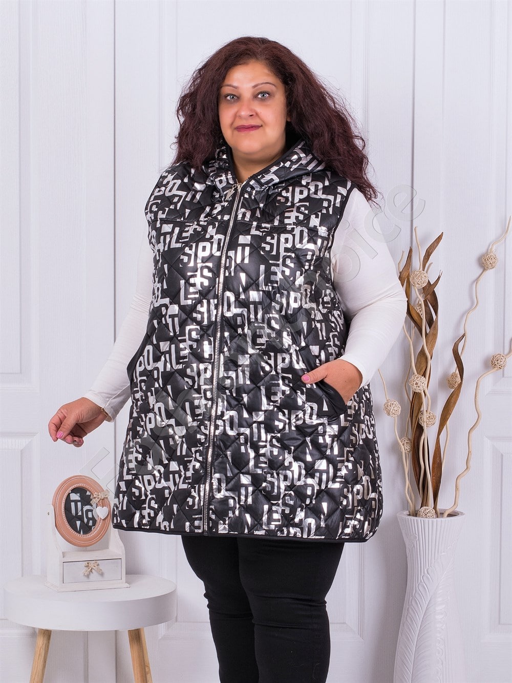 Plus size μακρύ αμάνικο μπουφάν με σχέδια σε ασήμι-κωδ 1269-1