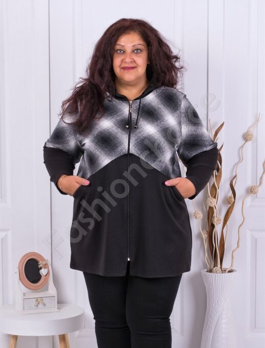 Plus size ζακέτα με κουκούλα και καρό σχέδια-κωδ 1267-3