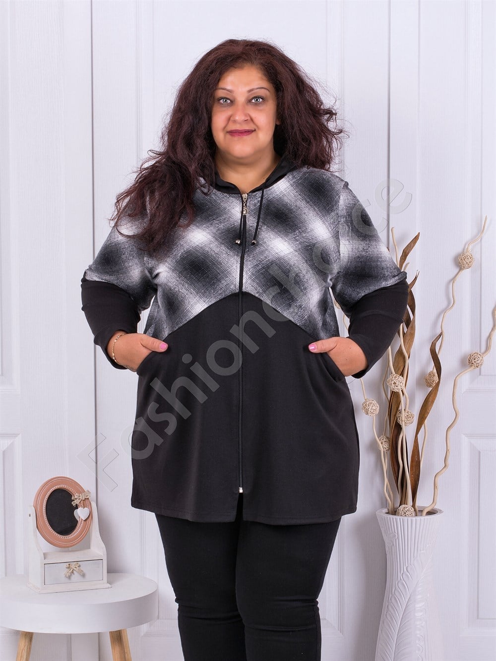 Plus size ζακέτα με κουκούλα και καρό σχέδια-κωδ 1267-3