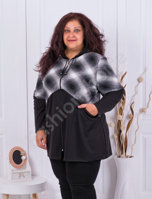 Plus size ζακέτα με κουκούλα και καρό σχέδια-κωδ 1267-3