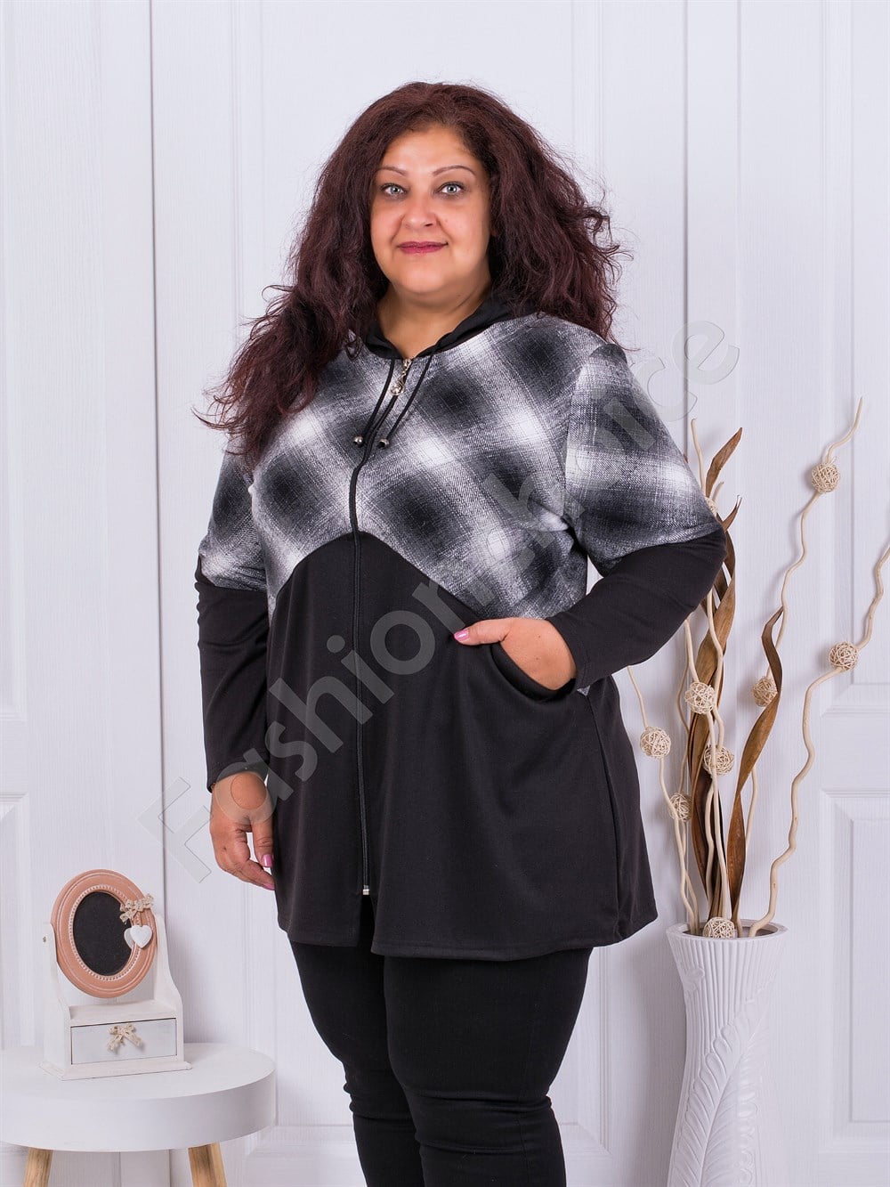 Plus size ζακέτα με κουκούλα και καρό σχέδια-κωδ 1267-3