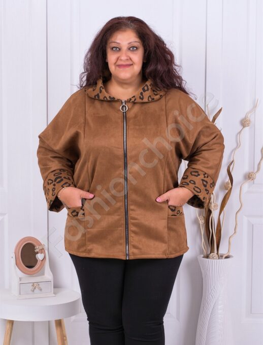 Plus size βελουτέ ζακέτα με φερμουάρ-καφέ-κωδ 9099-1