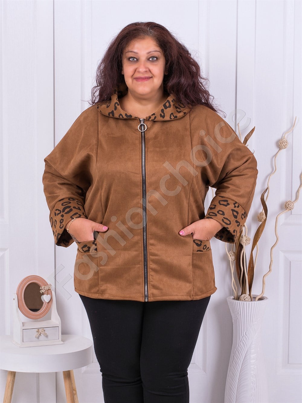 Plus size βελουτέ ζακέτα με φερμουάρ-καφέ-κωδ 9099-1