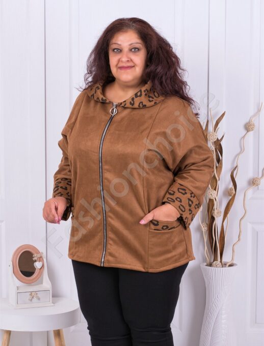 Plus size βελουτέ ζακέτα με φερμουάρ-καφέ-κωδ 9099-1