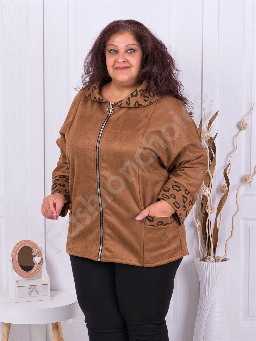 Plus size βελουτέ ζακέτα με φερμουάρ-καφέ-κωδ 9099-1
