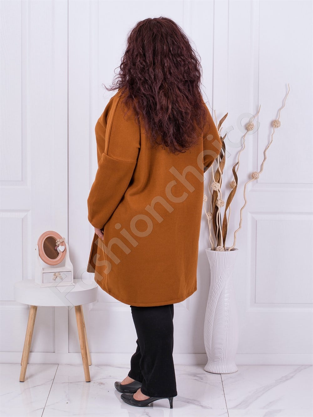 Plus size κασμιρ παλτό σε ταμπά χρώμα-κωδ 445-1