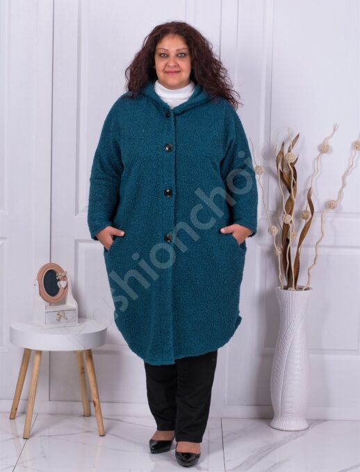 Plus size μπουκλέ παλτό με κουκούλα σε μπλε-κωδ 2518-4