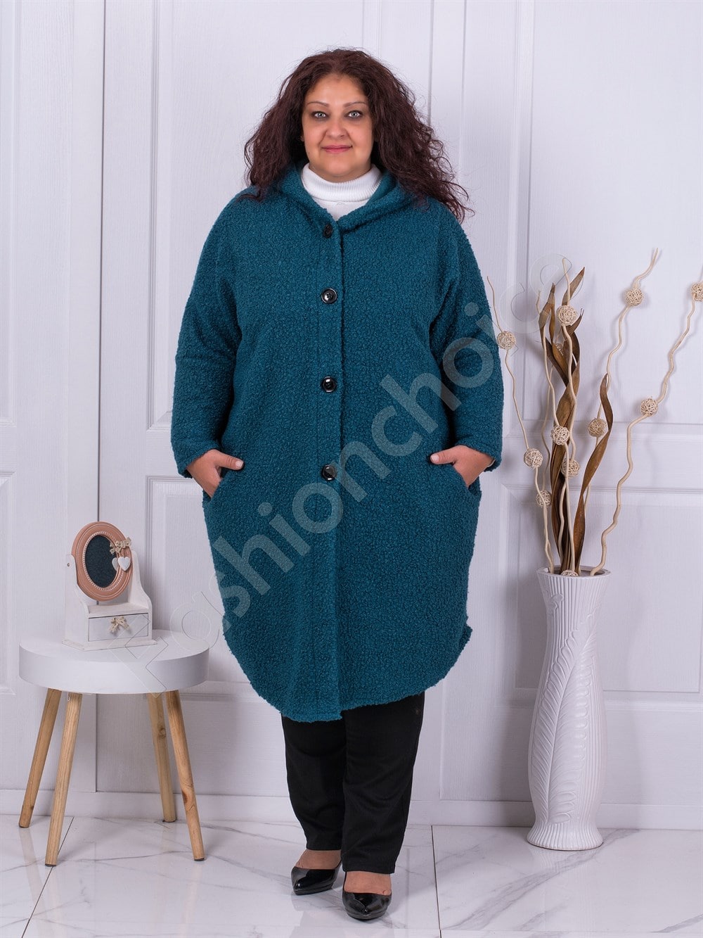 Plus size μπουκλέ παλτό με κουκούλα σε μπλε-κωδ 2518-4