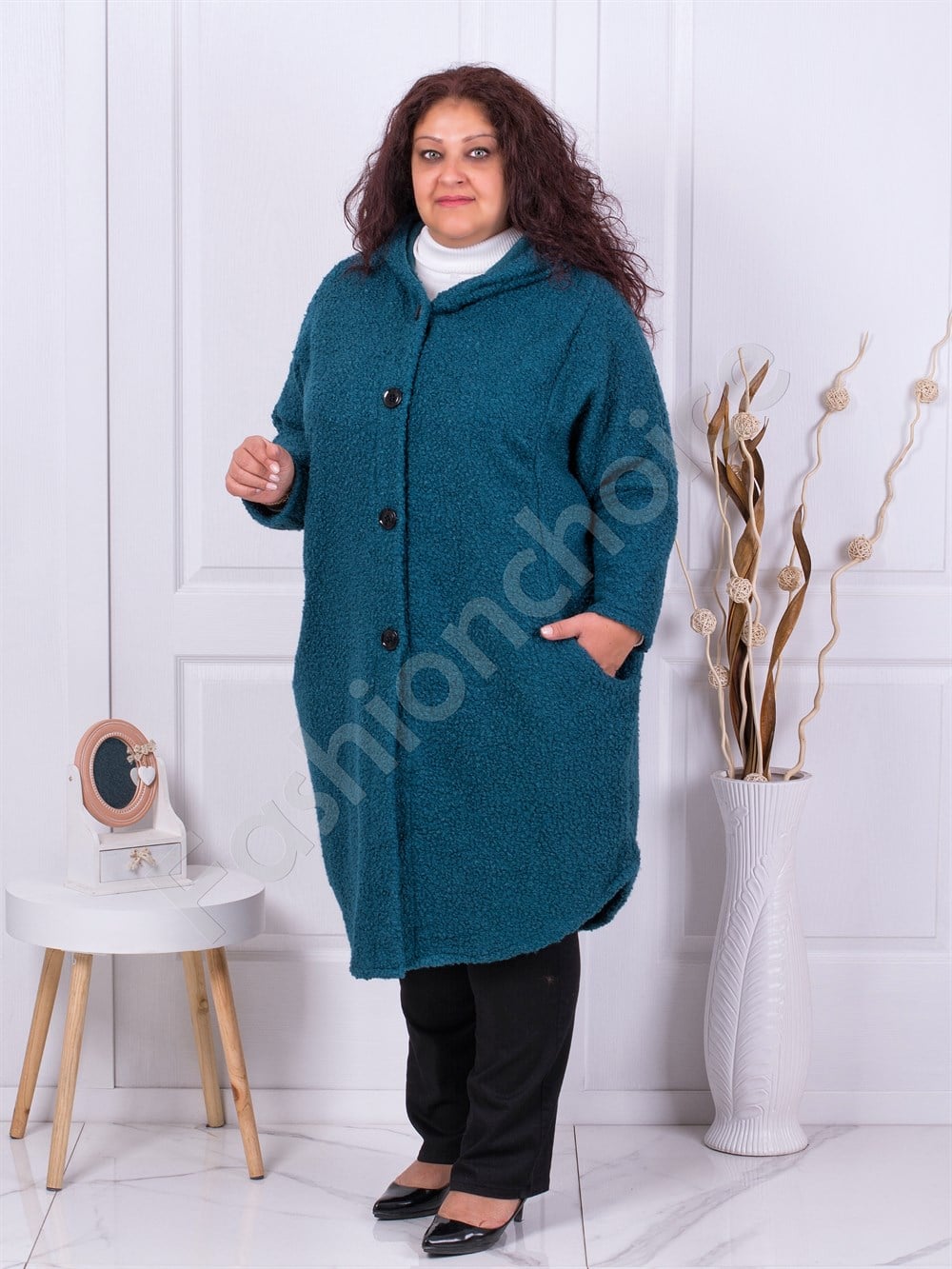 Plus size μπουκλέ παλτό με κουκούλα σε μπλε-κωδ 2518-4