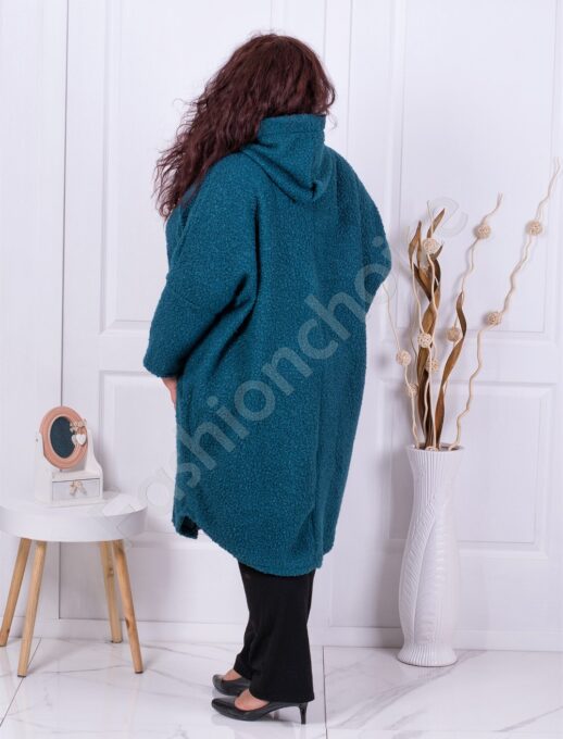 Plus size μπουκλέ παλτό με κουκούλα σε μπλε-κωδ 2518-4