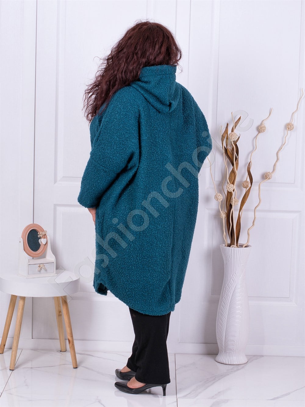 Plus size μπουκλέ παλτό με κουκούλα σε μπλε-κωδ 2518-4