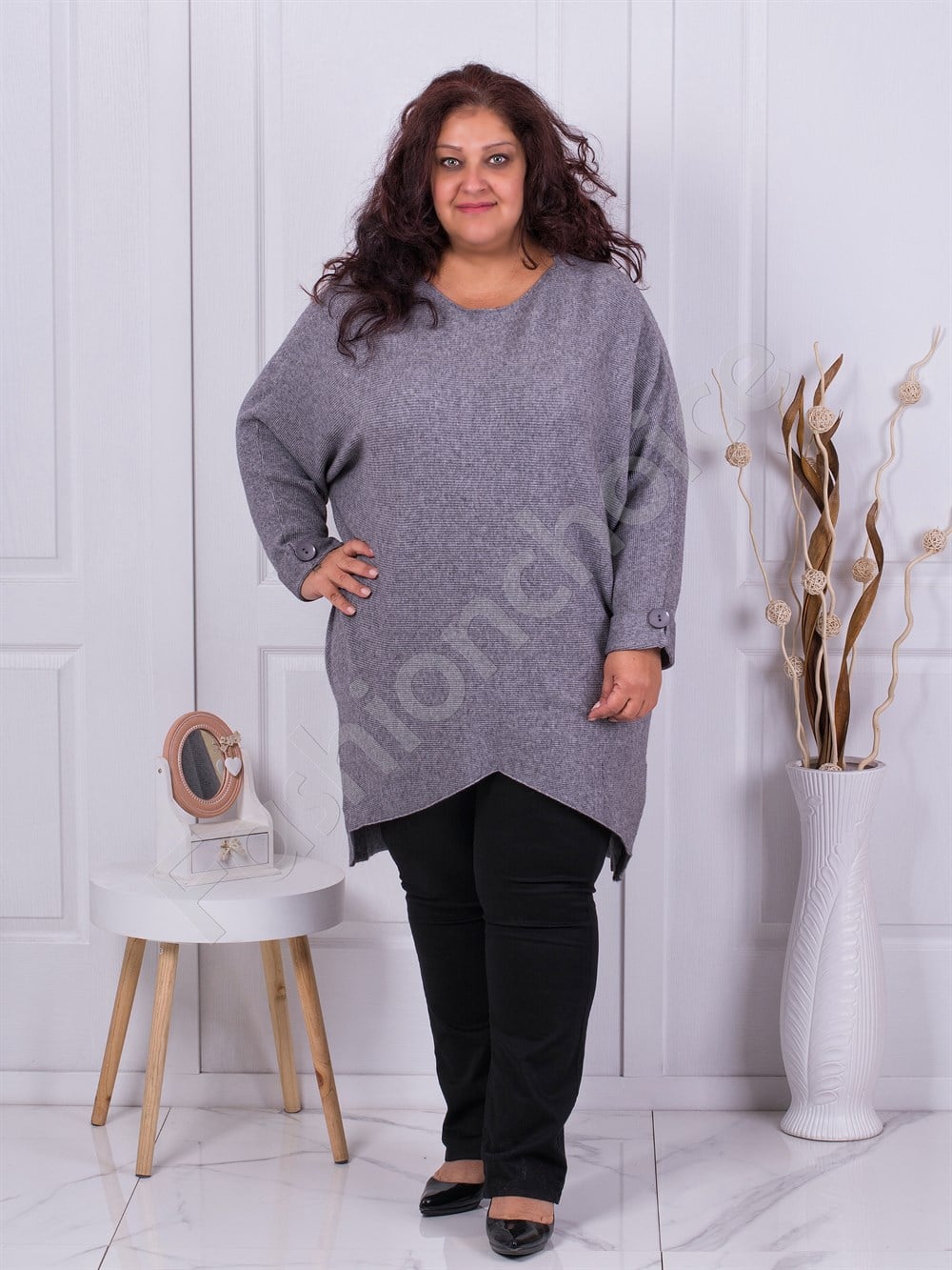 Plus size ασύμμετρη τουνίκ λεπτό πλέξιμο-γκρι-κωδ 360-3