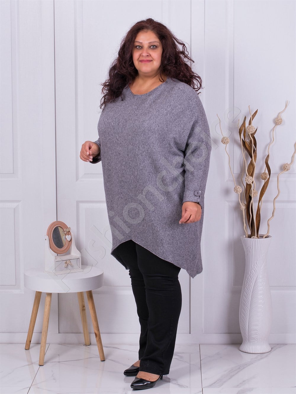 Plus size ασύμμετρη τουνίκ λεπτό πλέξιμο-γκρι-κωδ 360-3