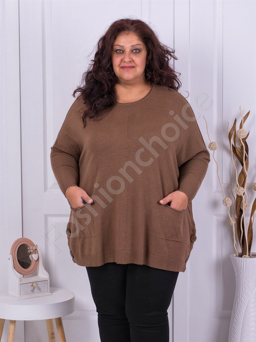 Plus size τουνίκ με τσέπες και κουμπιά στο πλάι-καφέ-κωδ 317-1