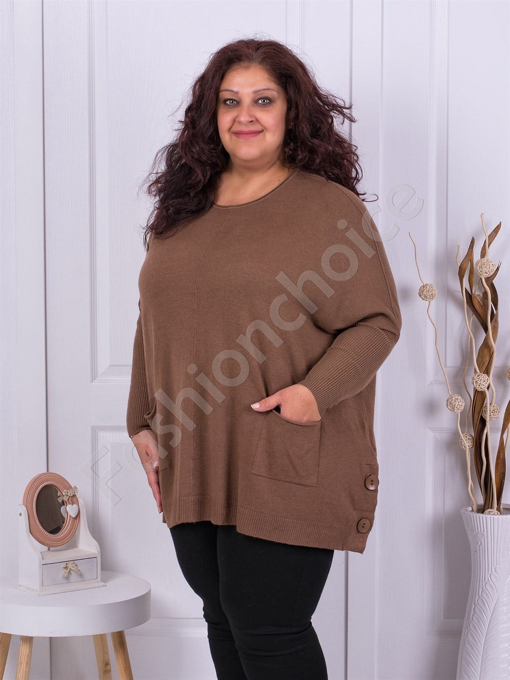 Plus size τουνίκ με τσέπες και κουμπιά στο πλάι-καφέ-κωδ 317-1