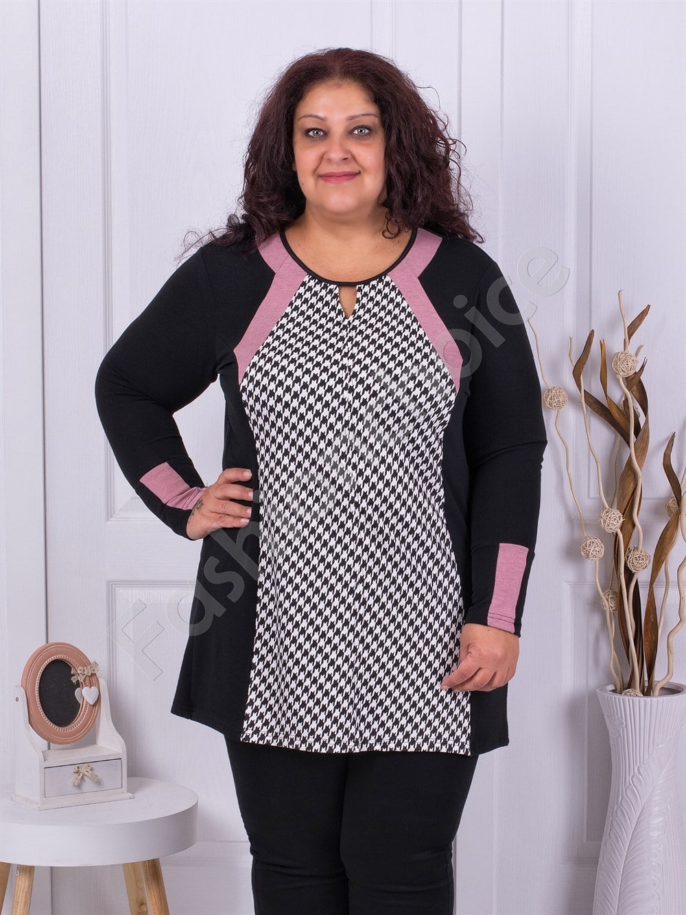 Plus size τουνίκ με μοτίβο πιε ντε πούλ-ροζ-κωδ 8084