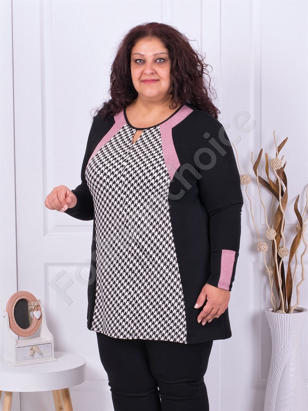Plus size τουνίκ με μοτίβο πιε ντε πούλ-ροζ-κωδ 8084