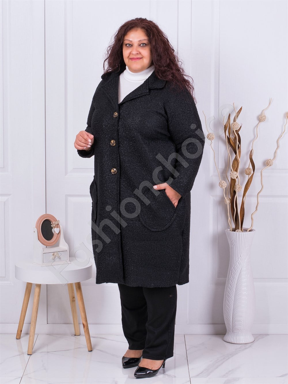 Plus size μπουκλέ παλτό σε μαύρο-κωδ 6247-3
