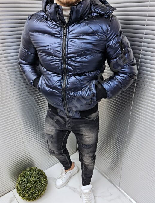 Ανδρικό γυαλιστερό Bomber μπουφάν-μπλε-κωδ 6979-2