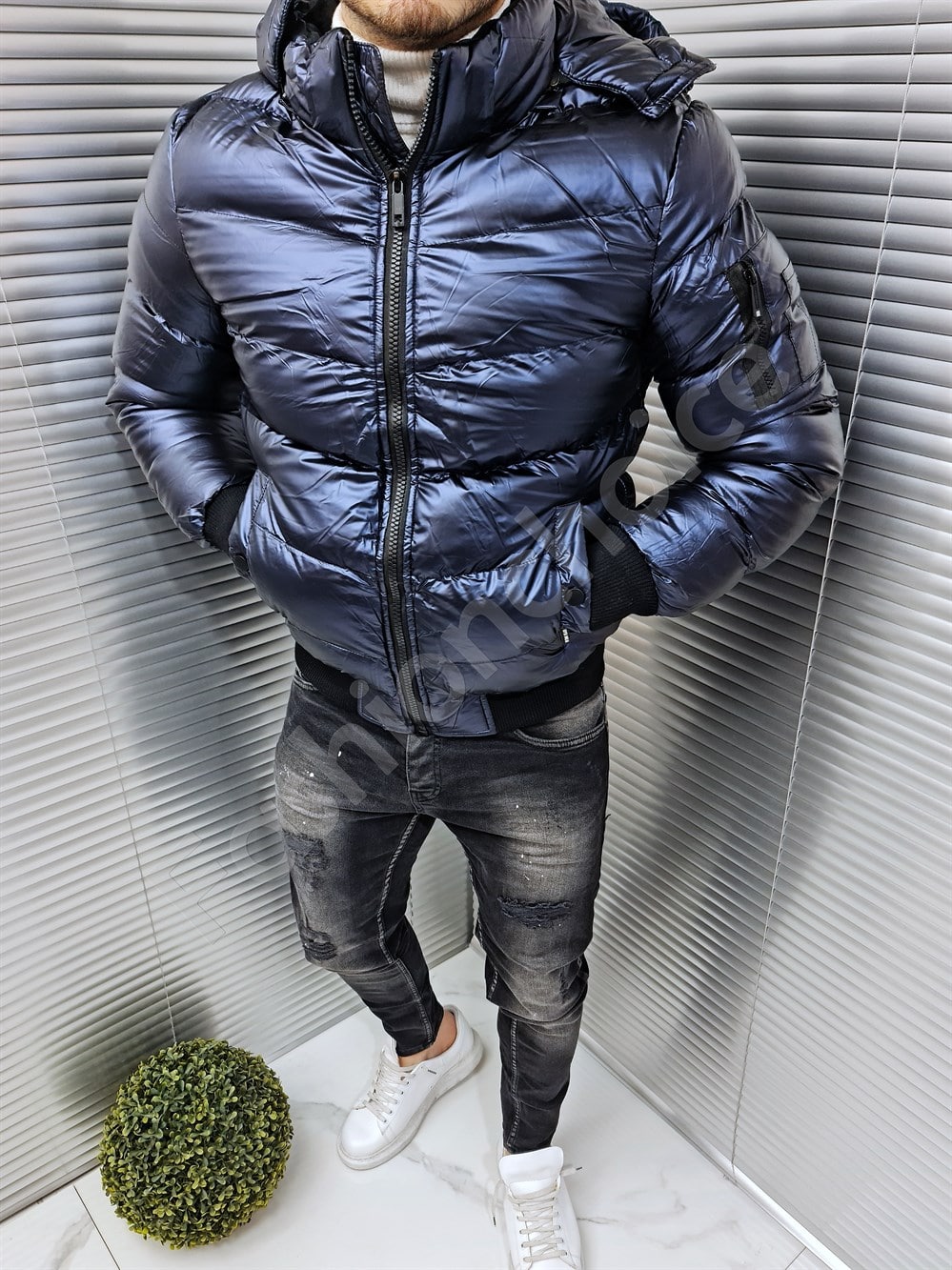 Ανδρικό γυαλιστερό Bomber μπουφάν-μπλε-κωδ 6979-2