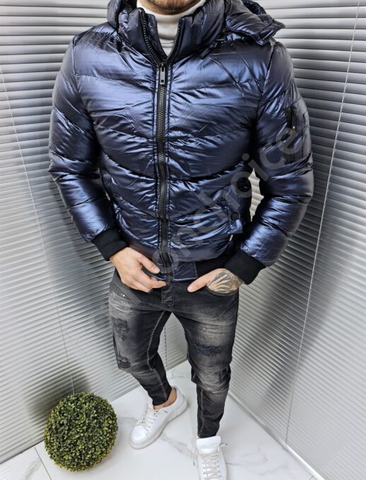 Ανδρικό γυαλιστερό Bomber μπουφάν-μπλε-κωδ 6979-2