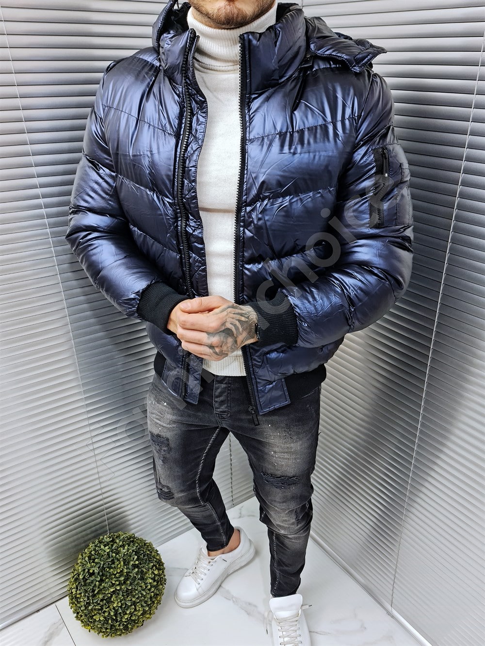 Ανδρικό γυαλιστερό Bomber μπουφάν-μπλε-κωδ 6979-2