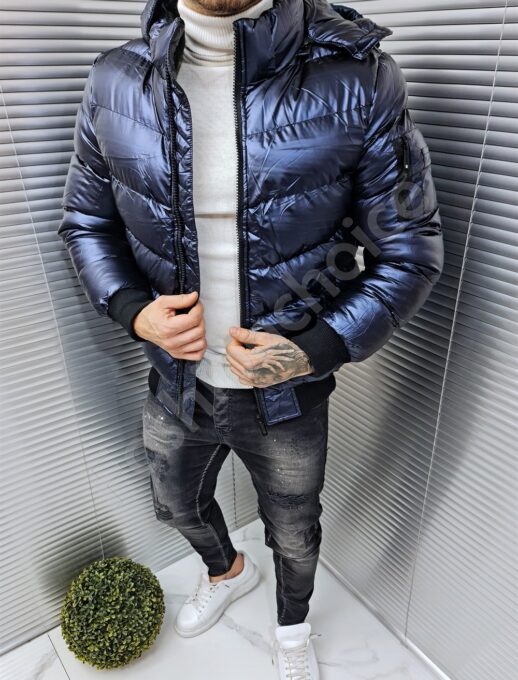 Ανδρικό γυαλιστερό Bomber μπουφάν-μπλε-κωδ 6979-2