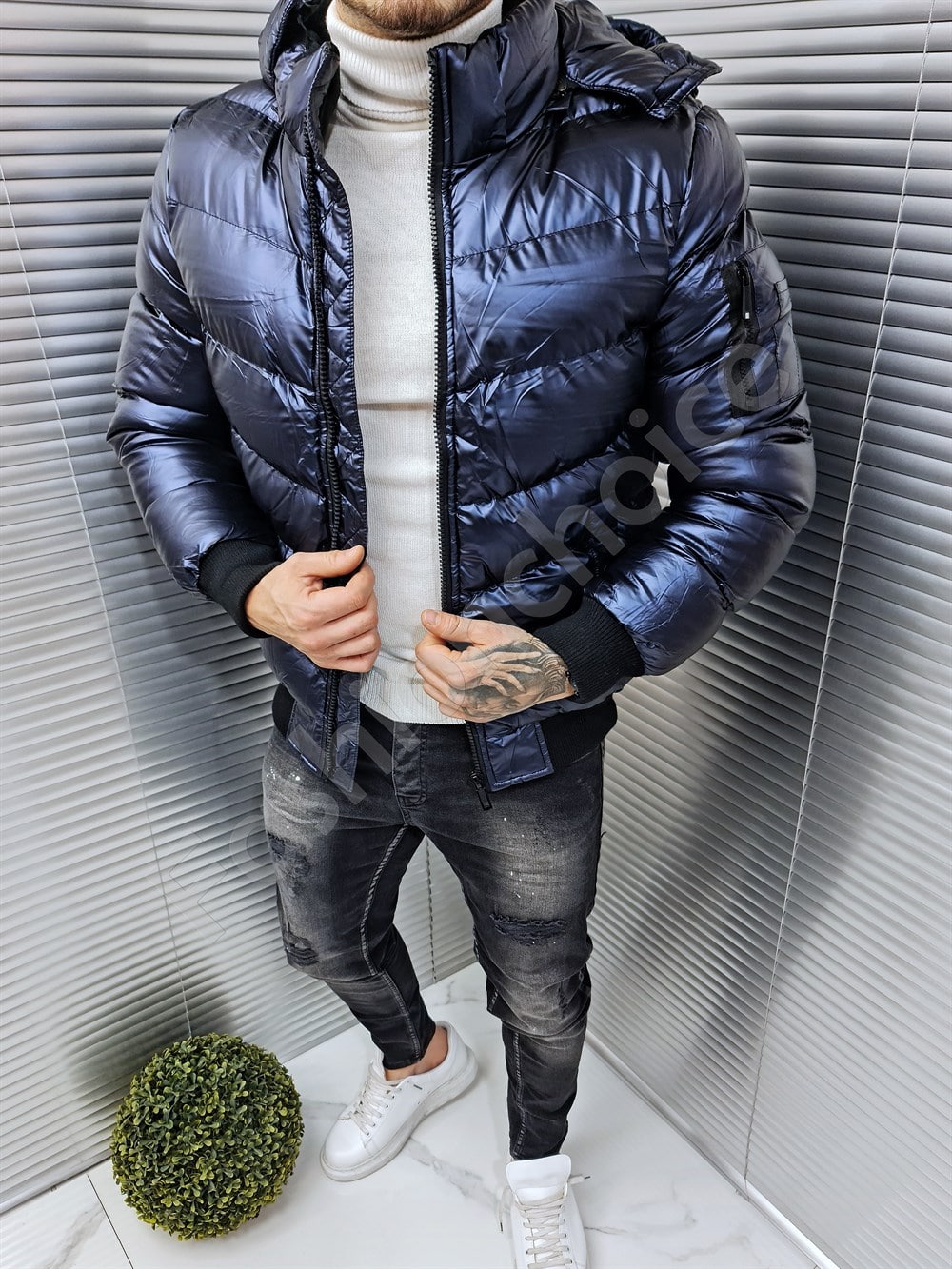 Ανδρικό γυαλιστερό Bomber μπουφάν-μπλε-κωδ 6979-2