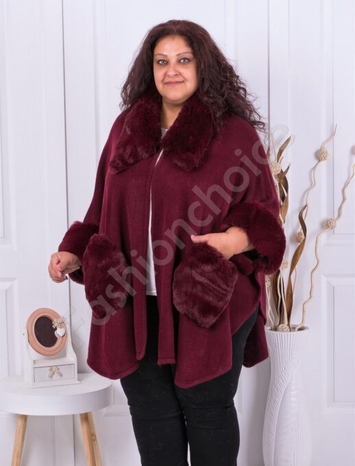 Plus size πόντσο με γούνα-μπορντό-κωδ 8102