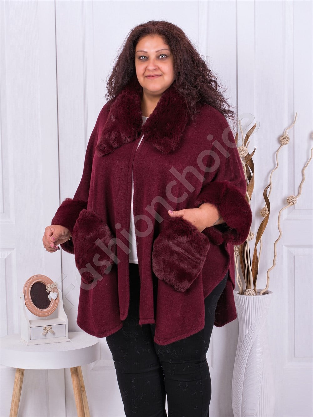 Plus size πόντσο με γούνα-μπορντό-κωδ 8102