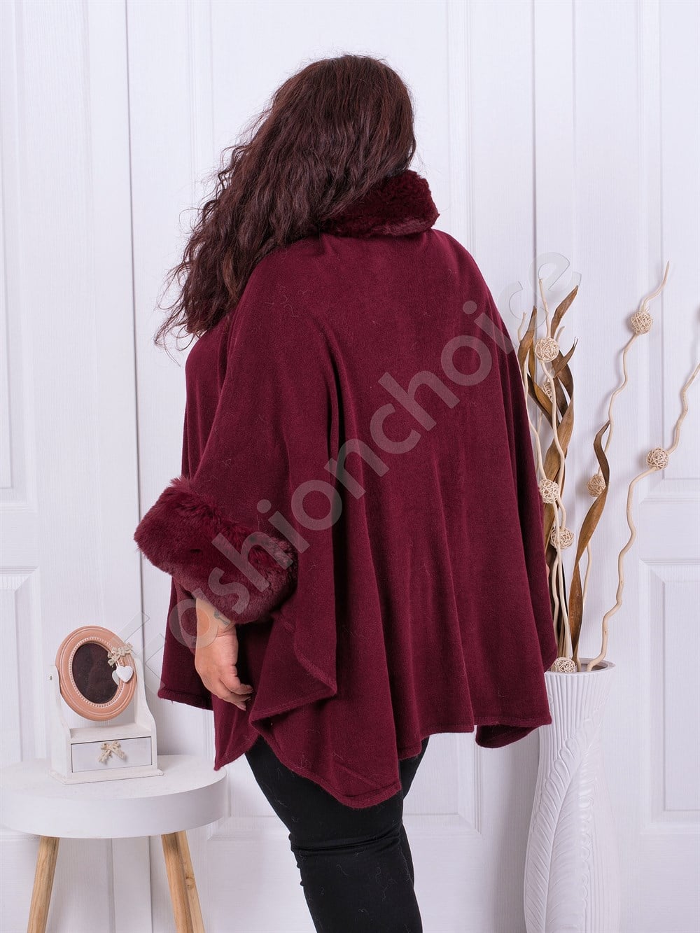 Plus size πόντσο με γούνα-μπορντό-κωδ 8102
