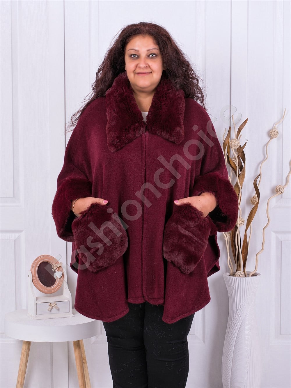 Plus size πόντσο με γούνα-μπορντό-κωδ 8102