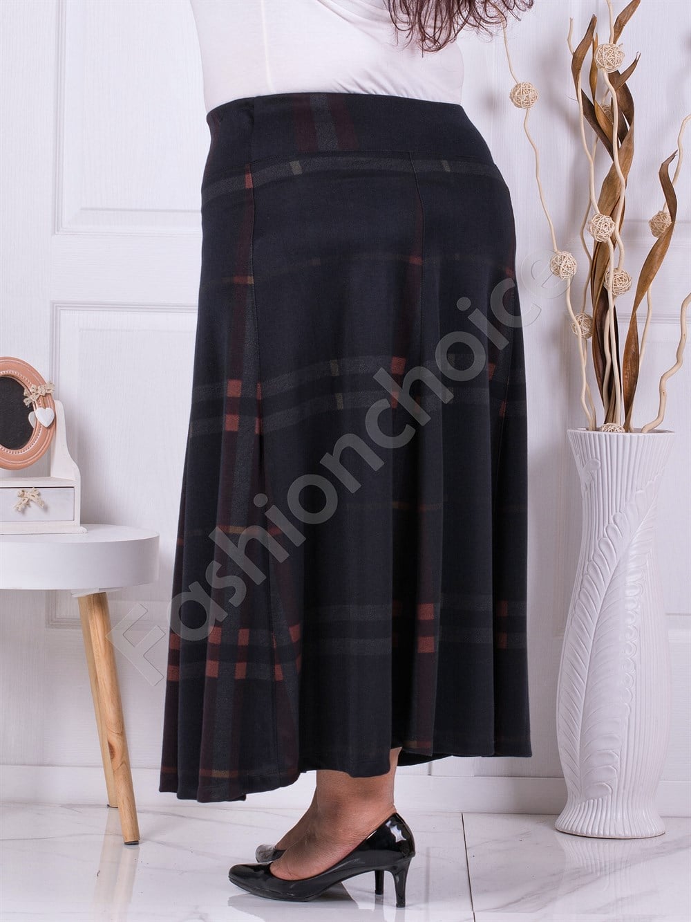 Plus size μακρυά φούστα με καρό σχέδιο-σκούρο μπλε-κωδ 323-2