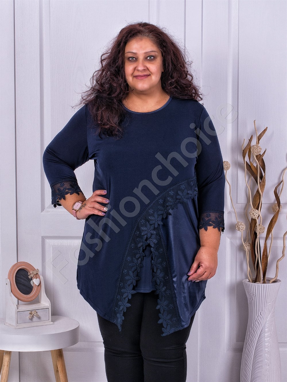 Plus size τουνίκ με δαντέλα σε μπλε-κωδ 1292-1