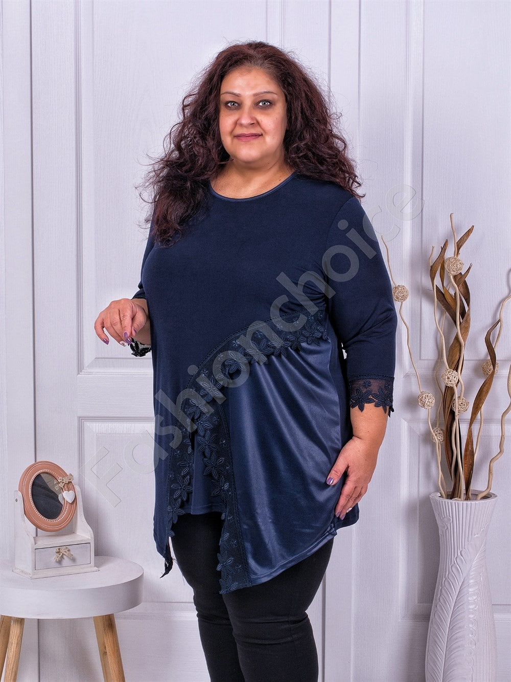 Plus size τουνίκ με δαντέλα σε μπλε-κωδ 1292-1