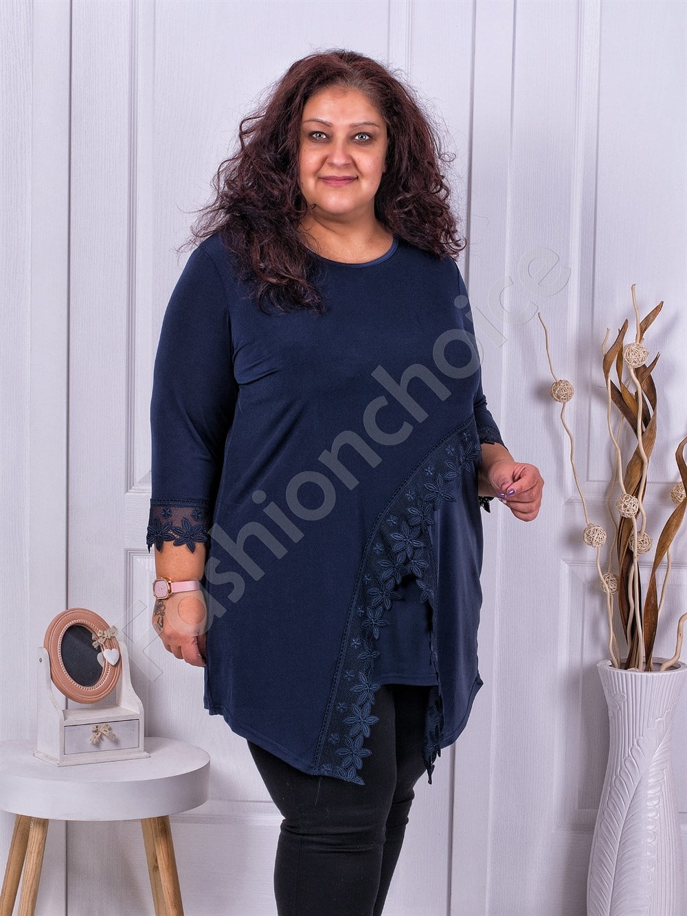 Plus size τουνίκ με δαντέλα σε μπλε-κωδ 1292-1