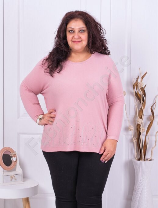 Plus size πλεκτή μπλούζα με απλικέ από στρας-ροζ-κωδ 6090-2
