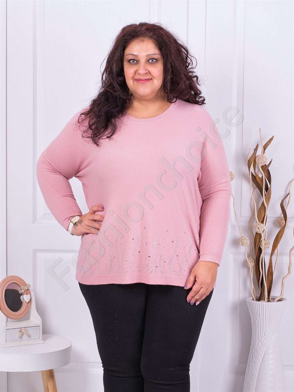 Plus size πλεκτή μπλούζα με απλικέ από στρας-ροζ-κωδ 6090-2