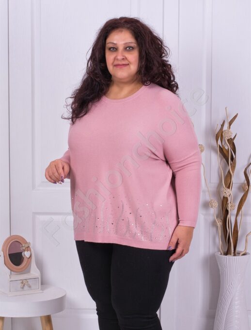 Plus size πλεκτή μπλούζα με απλικέ από στρας-ροζ-κωδ 6090-2