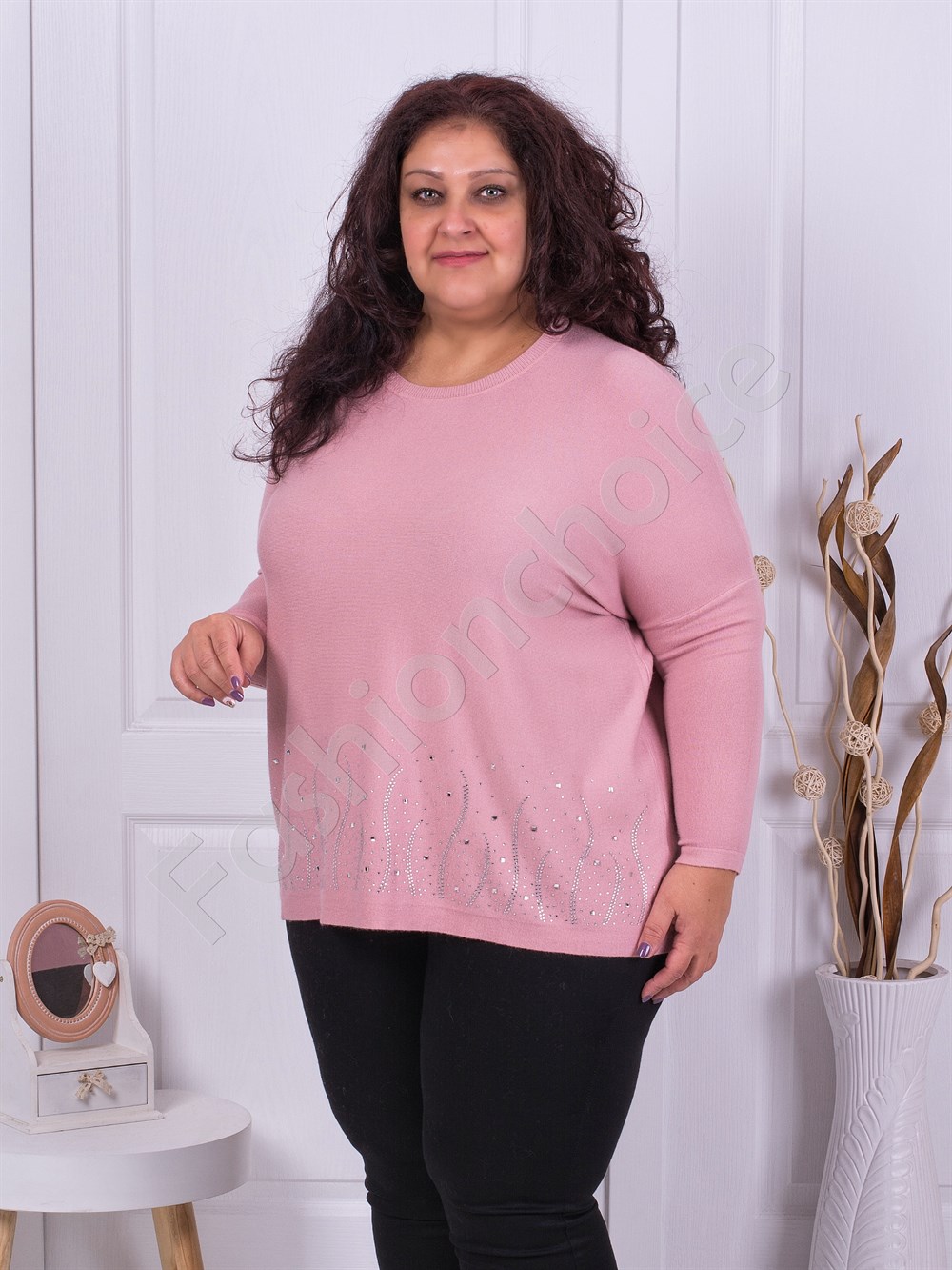 Plus size πλεκτή μπλούζα με απλικέ από στρας-ροζ-κωδ 6090-2