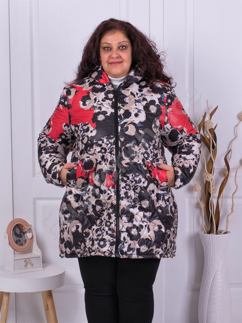 Plus size μακρύ αντιανεμικό μπουφάν με κουκούλα-κοραλί-κωδ 924-1