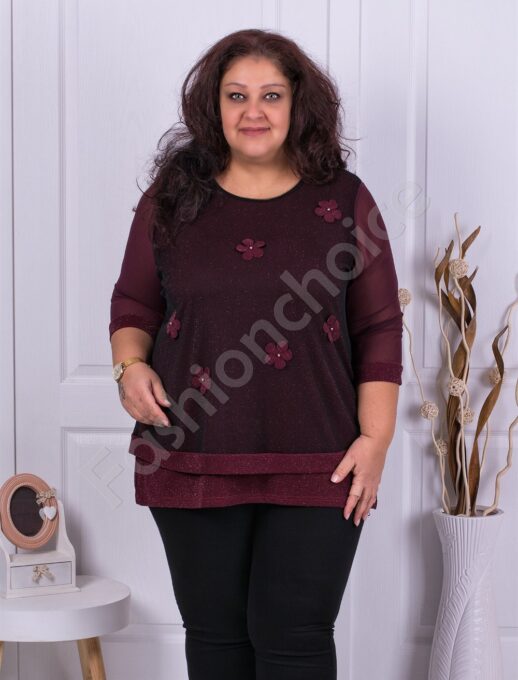 Plus size Lurex μπλούζα με τούλι σε μπορντό-κωδ 1150-2